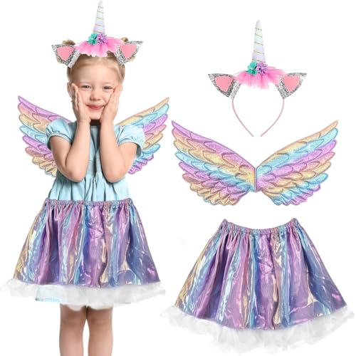 LETTERASHQP Einhorn Kostüm Kinder, Einhorn Kostüm Mädchen,Einhorn Prinzessin Set,Einhorn Haarreif Einhorn flügel mit Rosa Tutu für Karneval Einhornparty Kindergeburtstag von LETTERASHQP