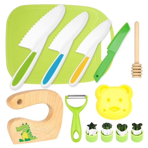 13 teiliges Kindermesser Set Kinder Sicherheit Küchenmesser mit Gemüse Ausstechformen, Holzmesser, Schneidebrett - für Kinder ab 2 Jahren (13-teiliges Krokodil-Set) von LETTO & TAILOR