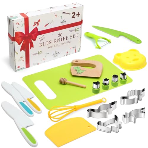 Kindermesser 20-teiliges Kinder Sicherheit Kochmesser Küchenmesser Set mit Gemüse Ausstechformen, Holzmesser, Schneidebrett - Perfektes Weihnachts- oder Geburtstagsgeschenk für Kinder von LETTO & TAILOR