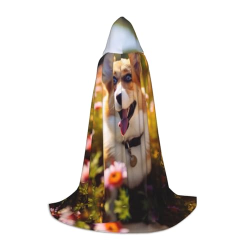 Corgi Kapuzenumhang mit Blumenmuster für Damen und Herren, Mittelalter-Kostüm, Umhang für Halloween, Maskerade, Cosplay, Schwarz, Medium von LEVNDIEJ