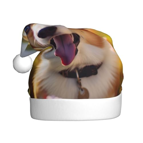 LEVNDIEJ Corgi Weihnachtsmütze mit Blumenmuster, Erwachsene, Weihnachtsmütze, Feiertag für Unisex, Weihnachtsmütze für Neujahr, festliche Party von LEVNDIEJ