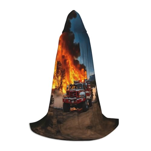 LEVNDIEJ Feuerwehrmann Feuerwehrmann Flamme Druck Kapuzenumhang für Damen Herren Roben Mittelalterkostüm Umhang Halloween Maskerade Cosplay, Schwarz, M von LEVNDIEJ