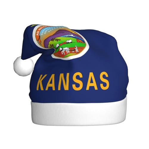 LEVNDIEJ Kansas Weihnachtsmannmütze mit Staatsflagge, Erwachsene, Weihnachtsmütze, Feiertag für Unisex, Weihnachtsmütze für Neujahrsparty von LEVNDIEJ