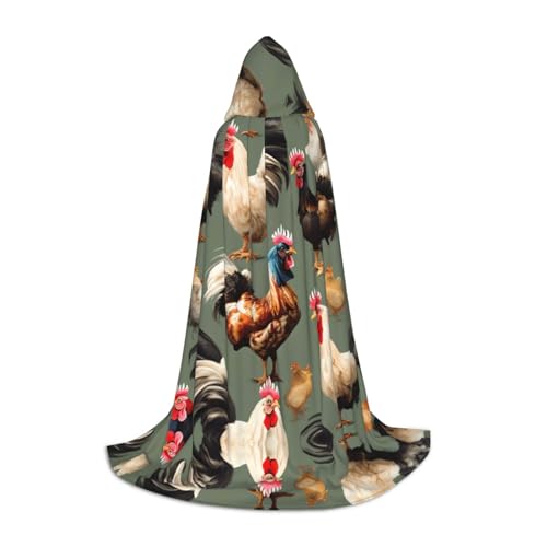 LEVNDIEJ Kapuzenumhang mit Huhn und Hahn für Damen und Herren, Mittelalter-Kostüm, Umhang für Halloween, Maskerade, Schwarz, M von LEVNDIEJ