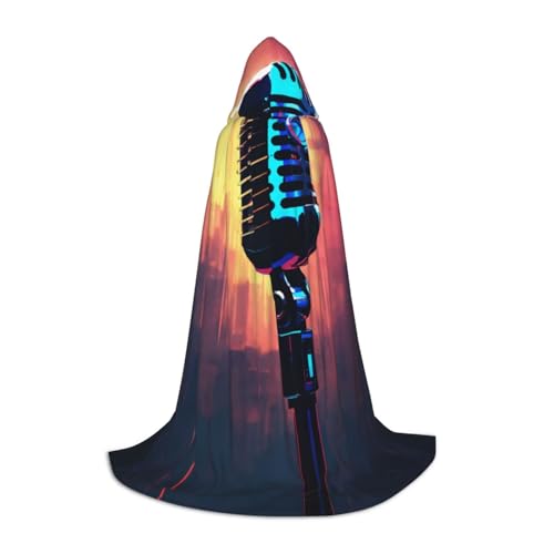 LEVNDIEJ Kapuzenumhang mit Mikrofon und Musiknoten-Druck, für Damen und Herren, Mittelalter-Kostüm, Umhang für Halloween, Maskerade, Schwarz, M von LEVNDIEJ