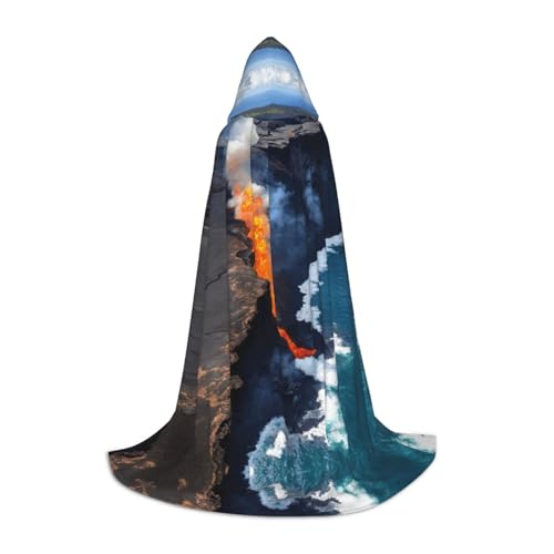 LEVNDIEJ Kilauea Kapuzenumhang mit Vulkan-Aufdruck für Damen und Herren, Mittelalter-Kostüm, Umhang für Halloween, Maskerade, Cosplay, Schwarz, Medium von LEVNDIEJ