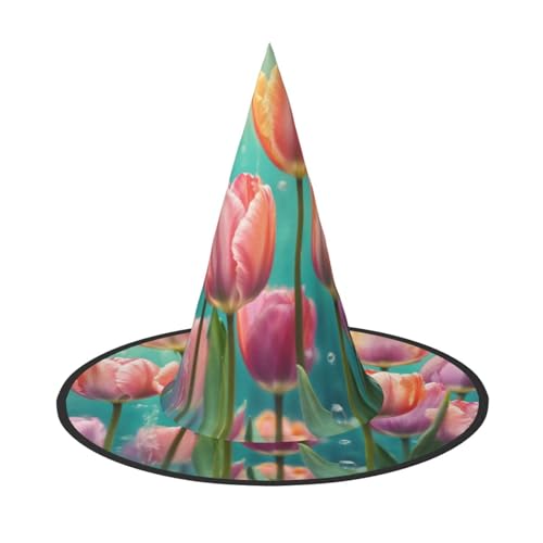 LEVNDIEJ Rosa Tulpen Druck Halloween Hexenhut Hexen Kostüm Frauen Cosplay Party Zauberer Hut Zubehör für Frauen LEVNDIEJ Rosa Tulpen Druck Halloween Hexenhut Hexen Kostüm Frauen Cosplay Party Zauberer Hut Zubehör für Frauen von LEVNDIEJ