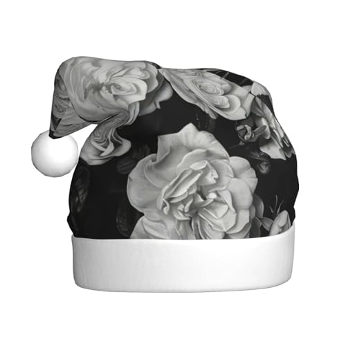 LEVNDIEJ Weihnachtsmütze mit schwarz-weißen Rosen, für Erwachsene, Weihnachtsmütze, Urlaub für Unisex, Weihnachtsmütze für Neujahrsparty von LEVNDIEJ