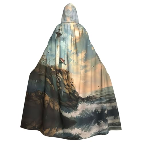 Leuchtturm-Hintergrund für Erwachsene, Halloween-Party, Umhang, stilvolles Kürbis-Thema, mit Kapuze, Zauberer-Robe, Cosplay-Kostüme, Schwarz von LEVNDIEJ