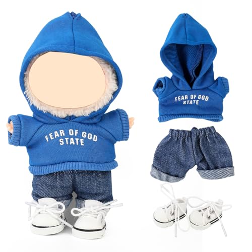 LEWOTE Kleidung Set Kompatibel für Labubu Puppe, Hut Anzug Ornamente Zubehör Set für 17cm / 6,7 Zoll Puppe (Blue Hoodie/Jeans/Canvas Shoes) von LEWOTE