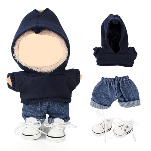 LEWOTE Kleidung Set Kompatibel für Labubu Puppe, Hut Anzug Ornamente Zubehör Set für 17cm / 6,7 Zoll Puppe (Dark Blue Hoodie/Jeans/Canvas Shoes) von LEWOTE