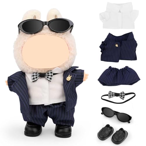 LEWOTE Kleidung Set Kompatibel für Labubu Puppe, Hut Anzug Ornamente Zubehör Set für 17cm / 6,7 Zoll Puppe (Gentleman's Suit/Oval Sunglasses/Leather Boots) von LEWOTE