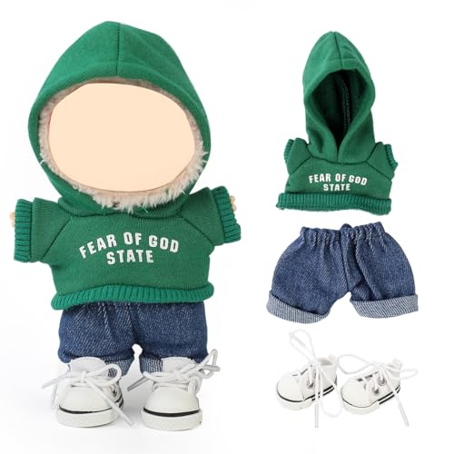 LEWOTE Kleidung Set Kompatibel für Labubu Puppe, Hut Anzug Ornamente Zubehör Set für 17cm / 6,7 Zoll Puppe (Green Hoodie/Jeans/Canvas Shoes) von LEWOTE