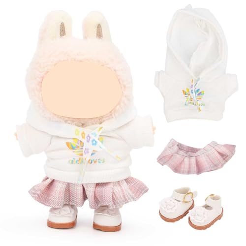 LEWOTE Kleidung Set Kompatibel für Labubu Puppe, Hut Anzug Ornamente Zubehör Set für 17cm / 6,7 Zoll Puppe (Hoodie/Checkered Half Skirt/Princess Shoes White) von LEWOTE