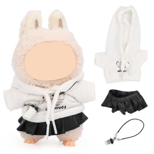 LEWOTE Kleidung Set Kompatibel für Labubu Puppe, Hut Anzug Ornamente Zubehör Set für 17cm / 6,7 Zoll Puppe (Hoodie/Leather Half Skirt/Beverage Bag) von LEWOTE