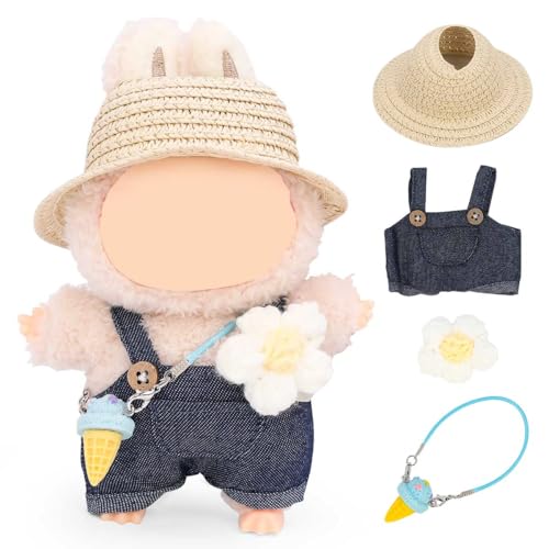 LEWOTE Kleidung Set Kompatibel für Labubu Puppe, Hut Anzug Ornamente Zubehör Set für 17cm / 6,7 Zoll Puppe (Pocket Denim Overalls/Flowers/Khaki Straw Hat/Blue Cone) von LEWOTE