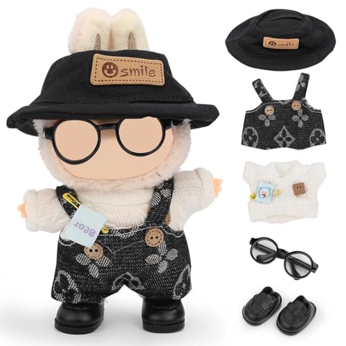 LEWOTE Kleidung Set Kompatibel für Labubu Puppe, Hut Anzug Ornamente Zubehör Set für 17cm / 6,7 Zoll Puppe (Sweater/Overalls/Hat/Glasses/Leather Boots Set 4) von LEWOTE