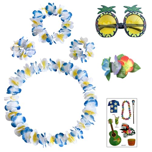 7Pcs Hawaiian Ketten Blumen Halskette Stirnband Armband Haarclips Tattoo -Aufkleber Ananasbrille, Blumenketten Hawaii, Für Karneval Party Strandpartys Cheerleading (Klassisch Blau Weiß,7-Teiliges Set) 7Pcs Hawaiian Ketten Blumen Halskette Stirnband Armband Haarclips Tattoo -Aufkleber Ananasbrille, Blumenketten Hawaii, Für Karneval Party Strandpartys Cheerleading (Klassisch Blau Weiß,7-Teiliges Set) von LEZED