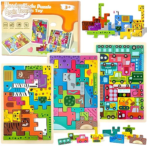 LEcylankEr Puzzle Tetris 3 Stück Tangram 2 3 4 Jahre, Holzspielzeug Montessori Puzzle für Jungen Mädchen, Puzzlesatz Brain Teasers Lernspielzeug Geschenke von LEcylankEr