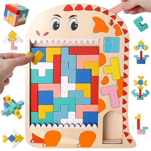 LEcylankEr Holzpuzzle Tetris Tangram, 3-in-1 Holz Puzzle für Kinder, 3D Puzzle Montessori Spielzeug Pour 3-7 Jahre Kinder, Brain Teasers Lernspielzeug Geschenke für Jungen Mädchen (Dinosaurier) von LEcylankEr