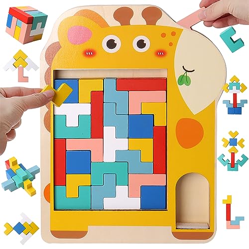 LEcylankEr Holzpuzzle Tetris Tangram, 3-in-1 Holz Puzzle für Kinder, 3D Puzzle Montessori Spielzeug Pour 3-7 Jahre Kinder, Brain Teasers Lernspielzeug Geschenke für Jungen Mädchen (Giraffe) von LEcylankEr