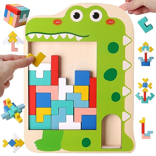 LEcylankEr Holzpuzzle Tetris Tangram, 3-in-1 Holz Puzzle für Kinder, 3D Puzzle Montessori Spielzeug Pour 3-7 Jahre Kinder, Brain Teasers Lernspielzeug Geschenke für Jungen Mädchen (Krokodil) von LEcylankEr