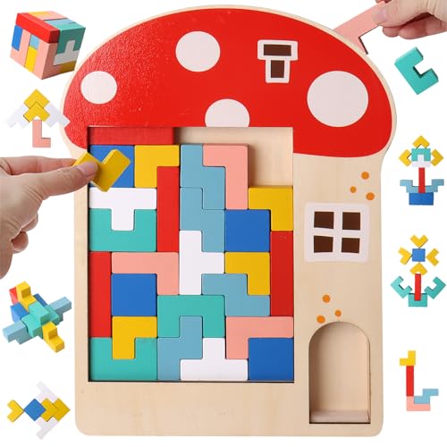 LEcylankEr Holzpuzzle Tetris Tangram, 3-in-1 Holz Puzzle für Kinder, 3D Puzzle Montessori Spielzeug Pour 3-7 Jahre Kinder, Brain Teasers Lernspielzeug Geschenke für Jungen Mädchen (Pilze) von LEcylankEr