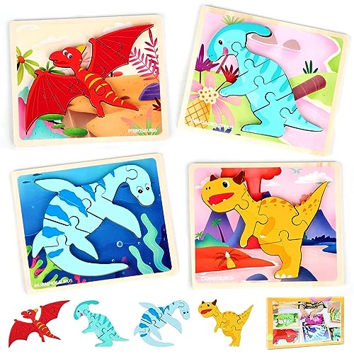 LEcylankEr Puzzle ab 1 2 3, 4 Stück Holzpuzzle Kinder, Dinosaurier Steckpuzzle 1 2 3 Jahre, Montessori Dino Spielzeug Geschenke für Jungen Mädchen (B) von LEcylankEr