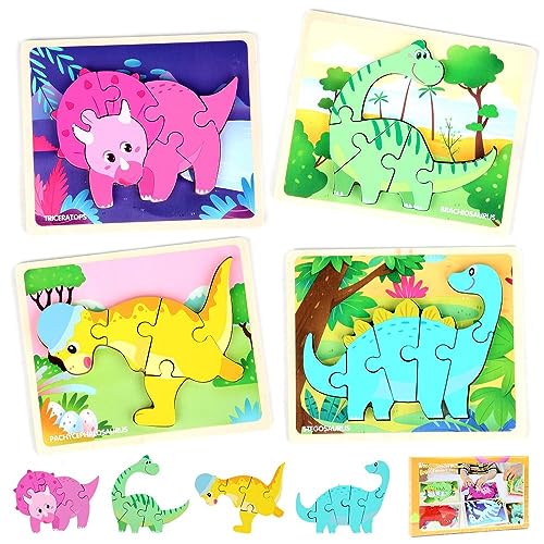 LEcylankEr Puzzle ab 1 2 3, 4 Stück Holzpuzzle Kinder, Dinosaurier Steckpuzzle 1 2 3 Jahre, Montessori Dino Spielzeug Geschenke für Jungen Mädchen (C) von LEcylankEr
