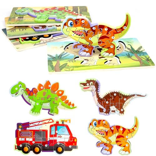 LEcylankEr Puzzle ab 2 3 4, Holzpuzzle Kinder aus 9-10 Stück, Tier/Dinosaurier/Auto Steckpuzzle 2 3 4 Jahre, Montessori Spielzeug Geschenke für Jungen Mädchen (Dinosaurier-B) von LEcylankEr