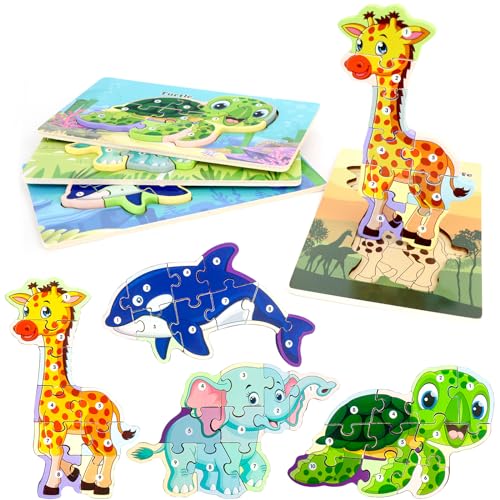 LEcylankEr Puzzle ab 2 3 4, Holzpuzzle Kinder aus 9-10 Stück, Tier/Dinosaurier/Auto Steckpuzzle 2 3 4 Jahre, Montessori Spielzeug Geschenke für Jungen Mädchen (Tiere) von LEcylankEr