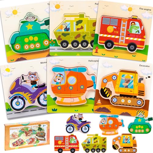 LEcylankEr Puzzle ab 1 2 3, 6 Stück Holzpuzzle Kinder, Dinosaurier/Auto Steckpuzzle 1 2 3 Jahre, Montessori Spielzeug Geschenke für Jungen Mädchen (Auto) von LEcylankEr