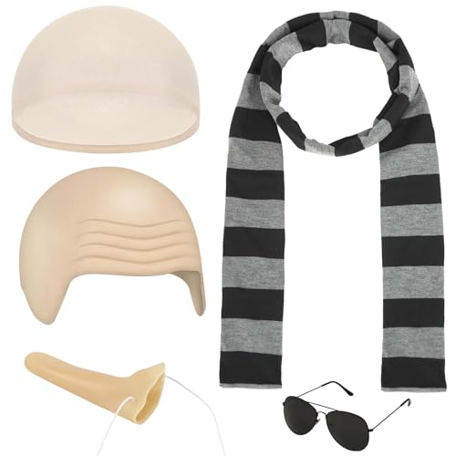 LFBEST 5 Stück Karneval kostüm Herren Männer,mit Schwarzer und Grau Schal mit Falscher Nase und Glatzen Kappe Sonnenbrille, für Herren Halloween Mottoparty Kostüm Herren Outfit von LFBEST