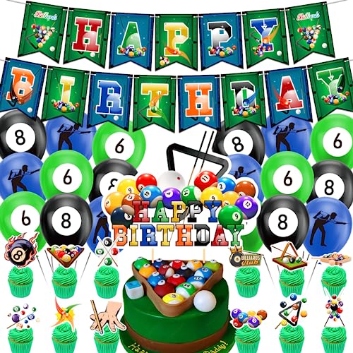 Billard Party Dekorationen Billard Geburtstag Party Zubehör beinhaltet Billard Happy Birthday Banner, Kuchen Topper, Cupcake Toppers, Ballons für Billard Theme Party Sport Party von LFCFDX