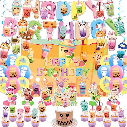 Boba Tee Party Dekorationen Bubble Tee Geburtstag Dekorationen beinhaltet Boba Tee Geburtstag Banner, Hintergrund, Spiralen, Waben Mittelstücke, Kuchen Cupcake Toppers, Ballons von LFCFDX