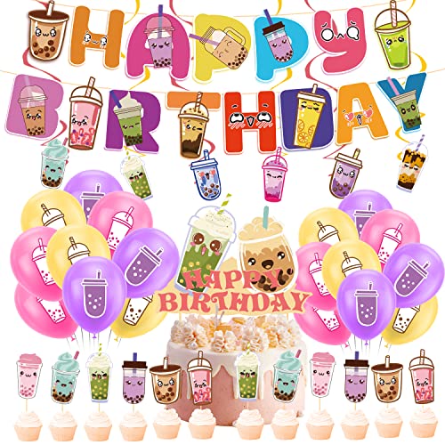 Bubble Tea Party Dekorationen - Geburtstag Zubehör Mit Banner, Spirals, Kuchen Topper, Cupcake Toppers, Ballons für Boba Feier Bubble Tea Party Dekorationen - Geburtstag Zubehör Mit Banner, Spirals, Kuchen Topper, Cupcake Toppers, Ballons für Boba Feier von LFCFDX