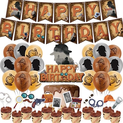 Detective Geburtstag Dekorationen Detective Party Zubehör beinhaltet Detective Happy Birthday Banner Kuchen Topper Cupcake Toppers Ballons für 1920er Jahre Detective Party von LFCFDX