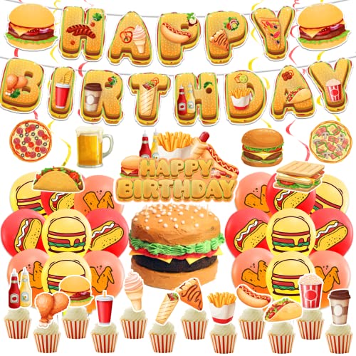 Fast Food Party Dekoration Pommes Frites Pizza Hamburger gebratenes Huhn Hot Dog Party Lieferung inklusive Banner Cake Cupcake Toppers Spiralen Luftballons für Fast Food Geburtstagsdekoration von LFCFDX
