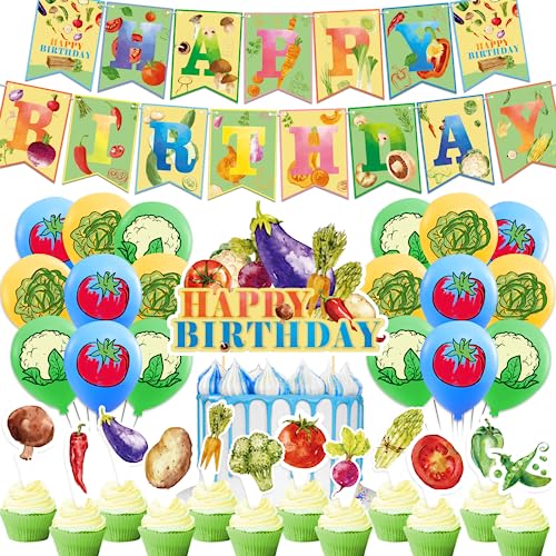 Gemüse Party Dekorationen Gemüse Geburtstag Party Zubehör Beinhaltet Gemüse Happy Birthday Banner Kuchen Topper Cupcake Toppers Ballons für Gemüse Party Baby Dusche Dekorationen von LFCFDX