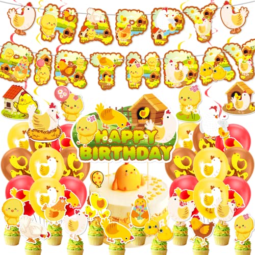 Hühner Party Dekorationen - Farm Geburtstagsparty Zubehör Mit Banner, Kuchen Topper, Cupcake Toppers, Ballons für Geburtstag und Baby Dusche von LFCFDX