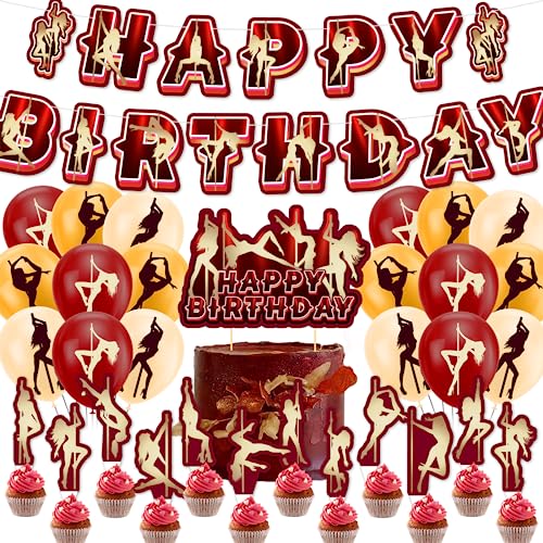 LFCFDX Pole Dance Party Dekorationen: Pole Dance Geburtstag Dekoration inklusive Banner, Kuchen Topper, Cupcake Toppers, Luftballons für Junggesellenabschiede, Brautparty in Rot von LFCFDX