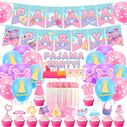 Pyjama Theme Party Pyjama Slumber Party Dekorationen Sleepover Party Dekorationen Beinhaltet Pyjama Theme Banner Kuchen Topper Cupcake Toppers Ballons für Mädchen Spa Party Zubehör von LFCFDX