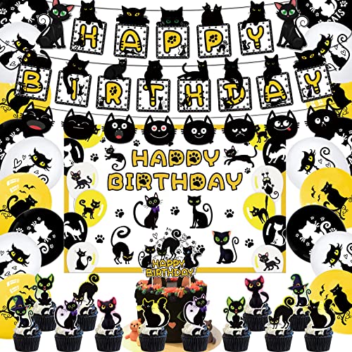 Schwarze Katze Geburtstagsparty-Zubehör Party-Dekorationsset mit Katzenmotiv enthält 5 x 3 Fuß schwarze Katzen-Hintergründe, Katzen-Happy-Birthday-Banner, Tortenaufsatz, Cupcake-Aufsätze, Luftballons Schwarze Katze Geburtstagsparty-Zubehör Party-Dekorationsset mit Katzenmotiv enthält 5 x 3 Fuß schwarze Katzen-Hintergründe, Katzen-Happy-Birthday-Banner, Tortenaufsatz, Cupcake-Aufsätze, Luftballons von LFCFDX
