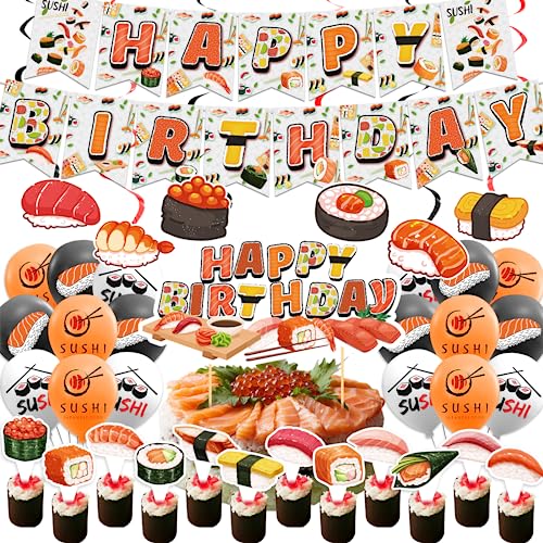 Sushi Party Dekorationen Japanische Geburtstagsparty Dekorationen Enthält Sushi Happy Birthday Banner Kuchen Topper Cupcake Toppers Ballons für Sushi Themed Party von LFCFDX