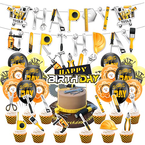 Werkzeuge Party Zubehör Werkzeuge Geburtstagsparty Dekorationen beinhaltet Toolbox Happy Birthday Banner, Cupcake Topper, Kuchen Topper, Ballons für Werkzeuge Theme Party von LFCFDX