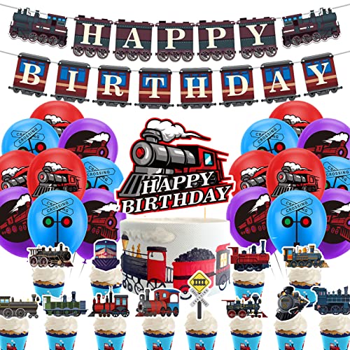 Zug Geburtstag Party Dekorationen - Happy Birthday Banner, Kuchen Topper, Cupcake Toppers, Ballons für Fahrzeug Party Zubehör von LFCFDX