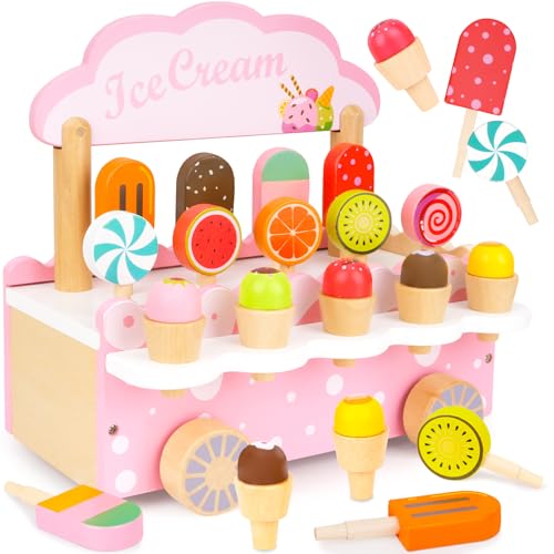 Eiscreme Wagen Kinder, 3-in-1-Spielküche Zubehör mit EIS, Spielzeug ab 3 Jahre, Eisdiele Kinder Holz mit Aufbewahrung, Eisständer Kaufladen Rollenspiel, Kinderküche Montessori Geburtstagsgeschenke Eiscreme Wagen Kinder, 3-in-1-Spielküche Zubehör mit EIS, Spielzeug ab 3 Jahre, Eisdiele Kinder Holz mit Aufbewahrung, Eisständer Kaufladen Rollenspiel, Kinderküche Montessori Geburtstagsgeschenke von LFENYIGI