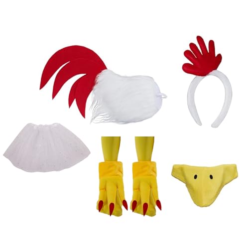 LGFKJNNJ Hahn Huhn Kostüm Erwachsene Zubehör - 5 Stück Hahnkamm Stirnband Schwanz, Hahn Schnabel Nasenmaske, Füße Kostüm Schuhe Abdeckungen und Weiß Tutu Set für Halloween Cosplay Party, gelb von LGFKJNNJ