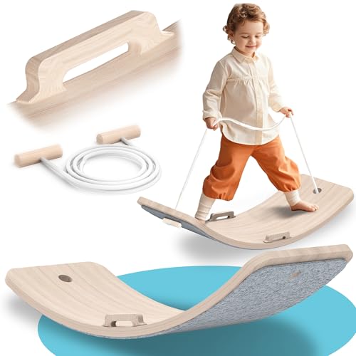 LGMCF Balance Board Kinder Holz - 80x30CM Wobbel Board für Kinder Mit Handläufe und Hilfsseil - Montessori Spielzeug für Balancieren ab 3 Jahre - Geprüfte Hochwertiges Balancierbrett von LGMCF