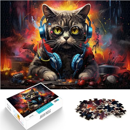 Puzzle | Puzzles, farbenfrohe DJ-Katze, 1000 extragroße Teile, Holzpuzzle, Wanddekoration, einzigartige Geburtstags, 1000 Teile (50 x 75 cm) von LGNBTGM
